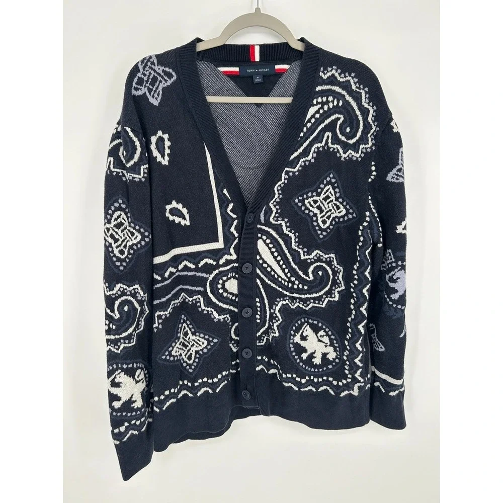 Tommy HiIlfiger Mens Cardigan Med Navy Paisley Bandana Preppy Heritage Coastal